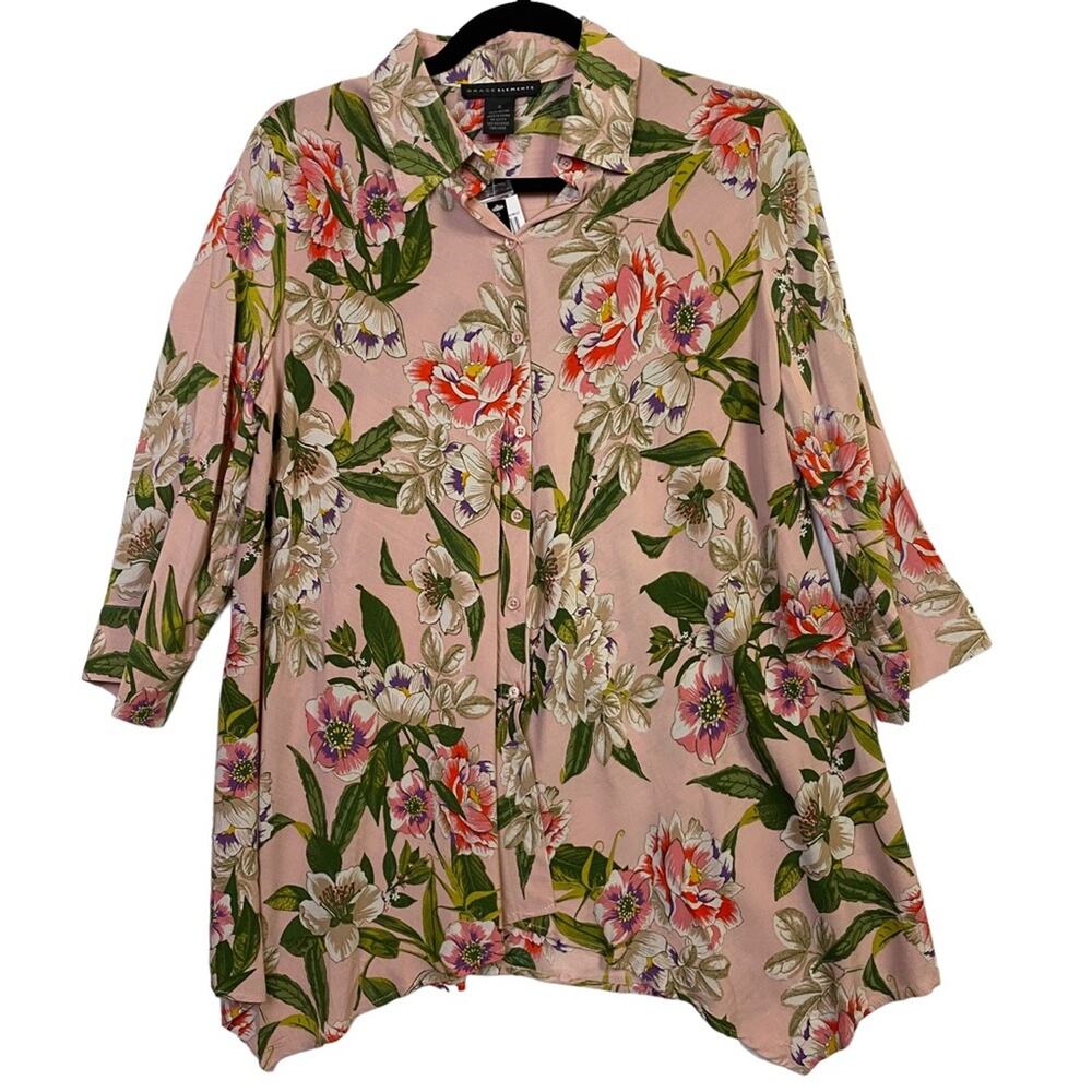Grace Elements Pink Green Floral Button Up Blouse Top Size Small